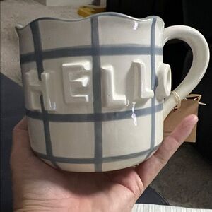 NWT H E L L O Mud Pie Cream and Gray Plaid Mug